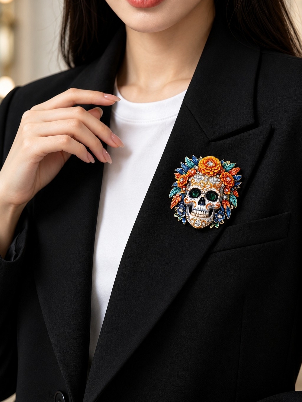 Colorful Sugar Skull Floral Brooch Pin - Multicolor